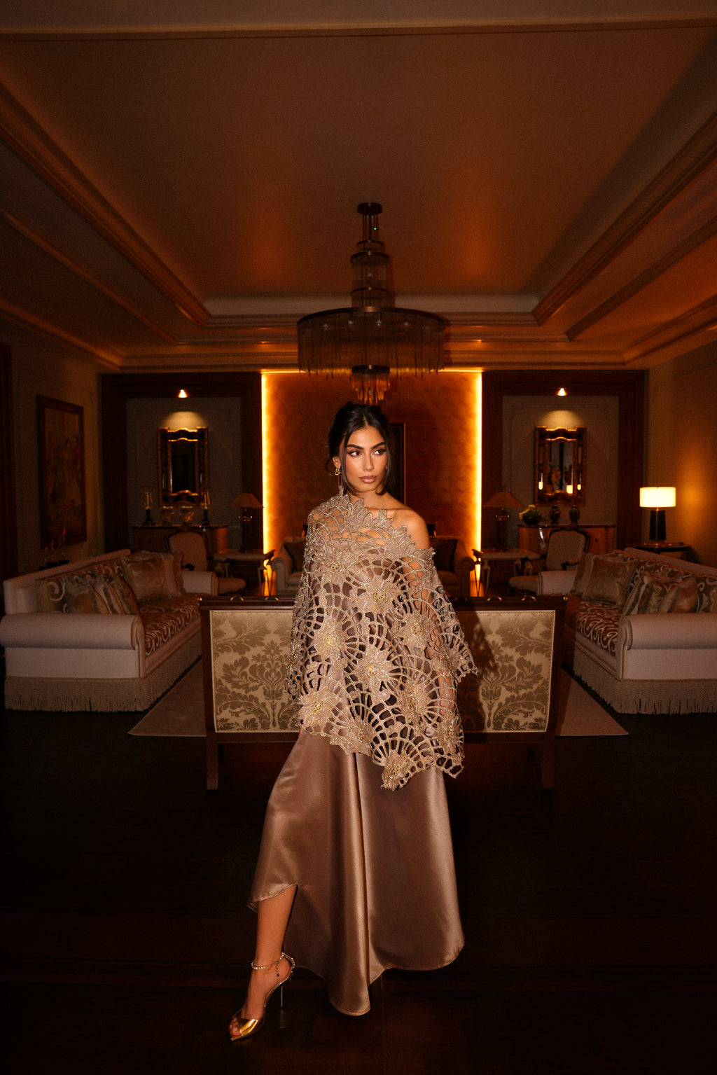 Bronze Embroidered Lace Top & Satin Dress Set