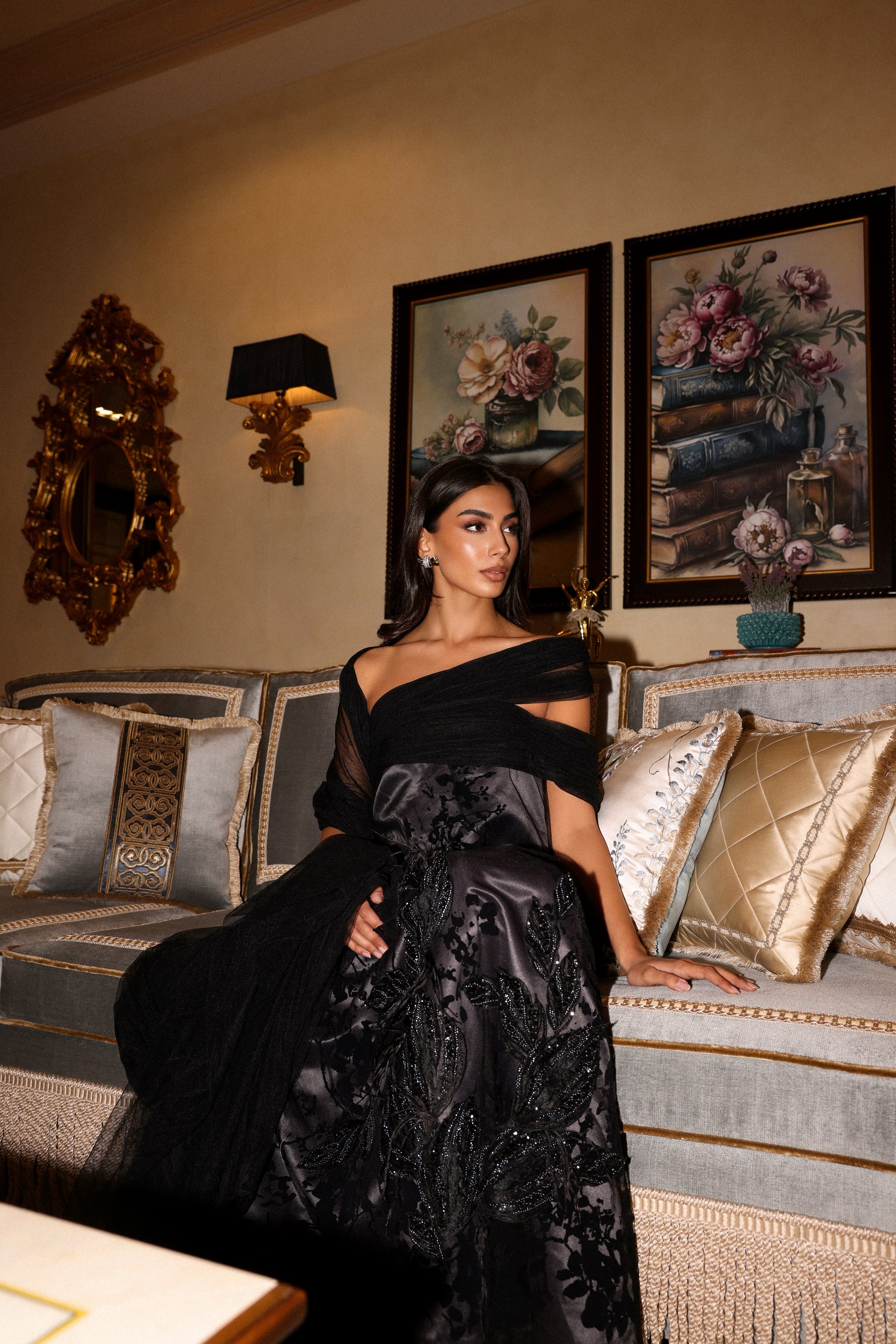 Charcoal Embroidered Tulle Dress