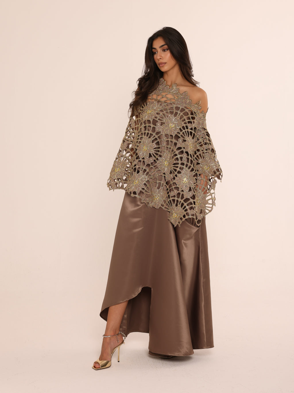 Bronze Embroidered Lace Top & Satin Dress Set