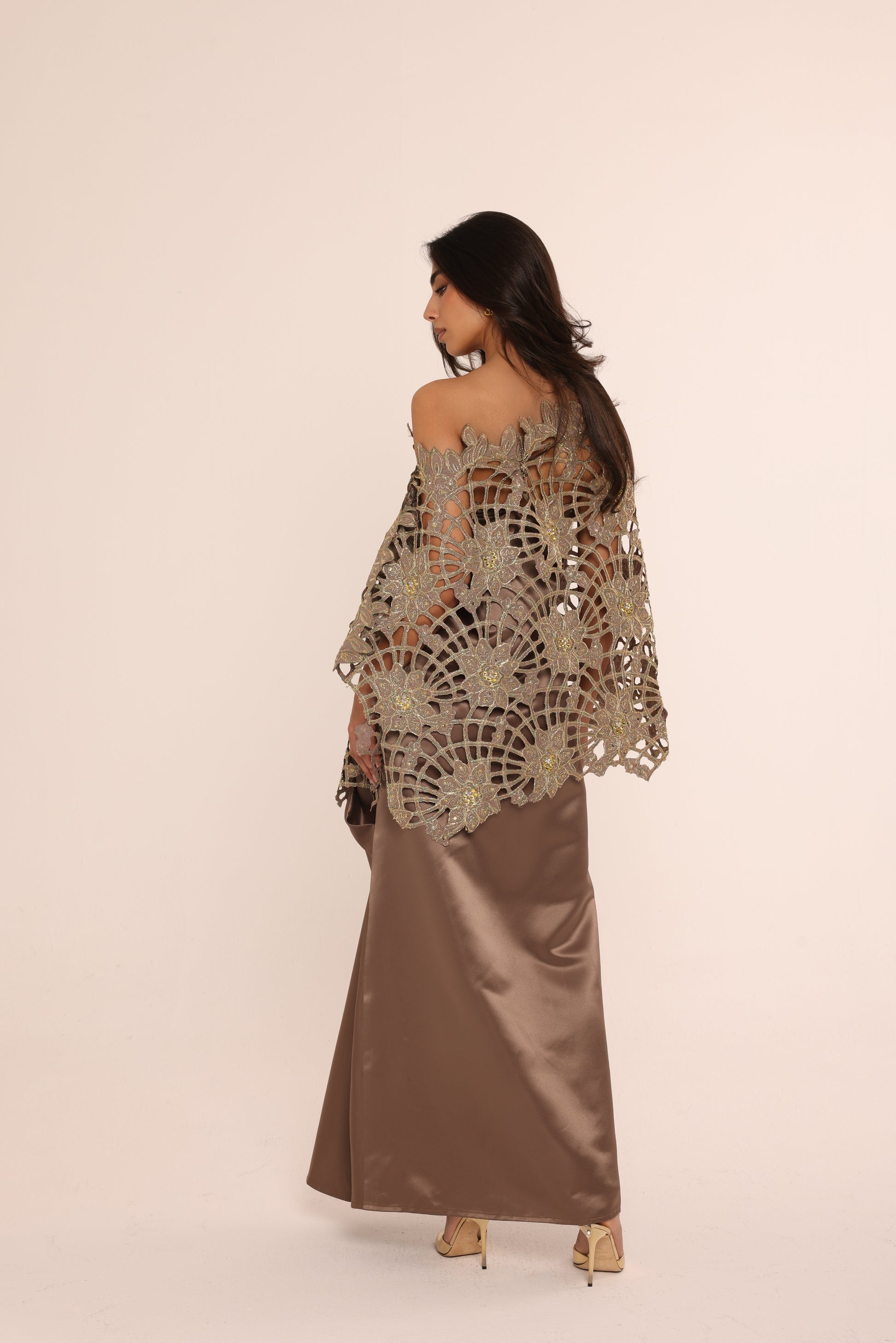 Bronze Embroidered Lace Top & Satin Skirt Set