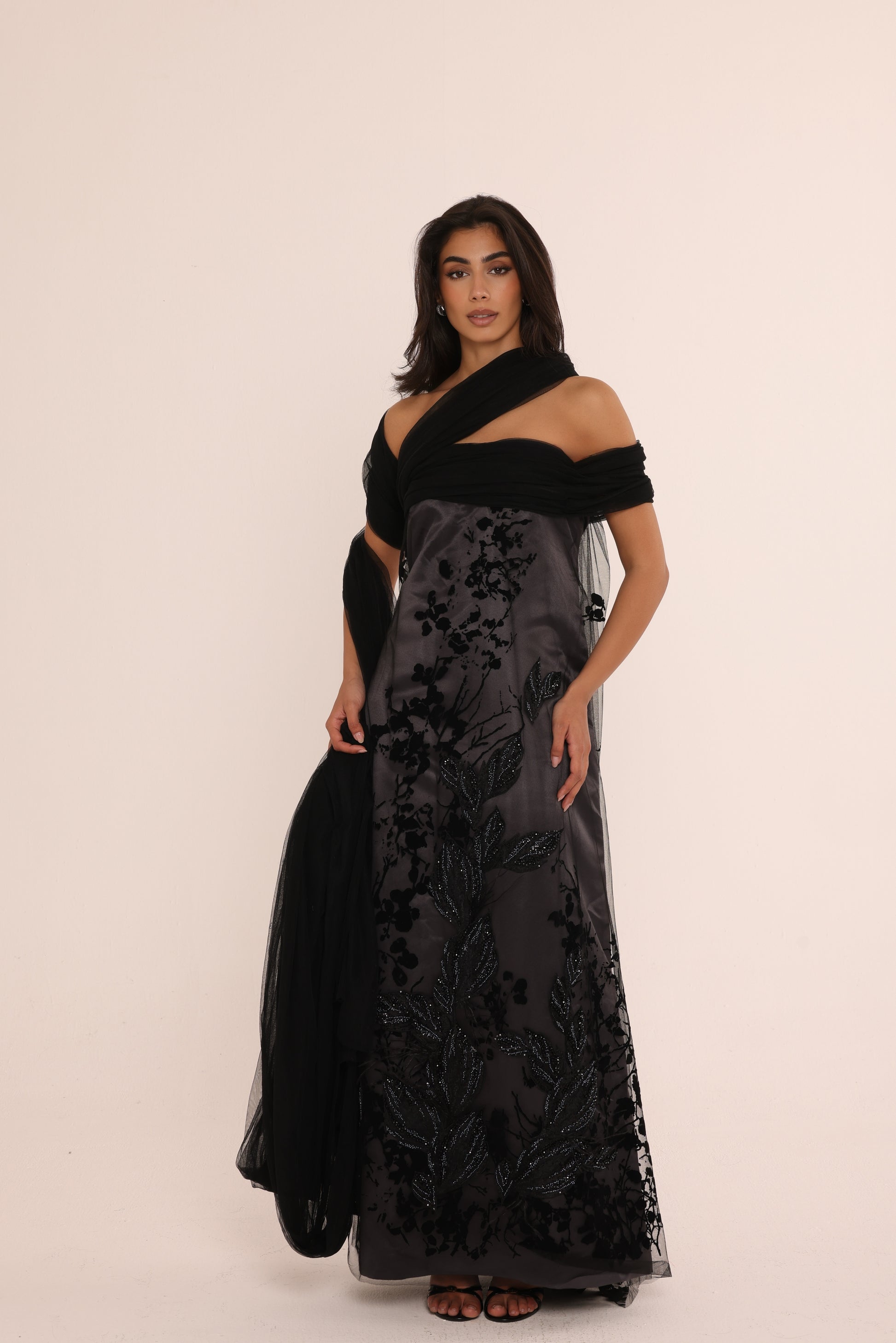 Charcoal Embroidered Tulle Dress