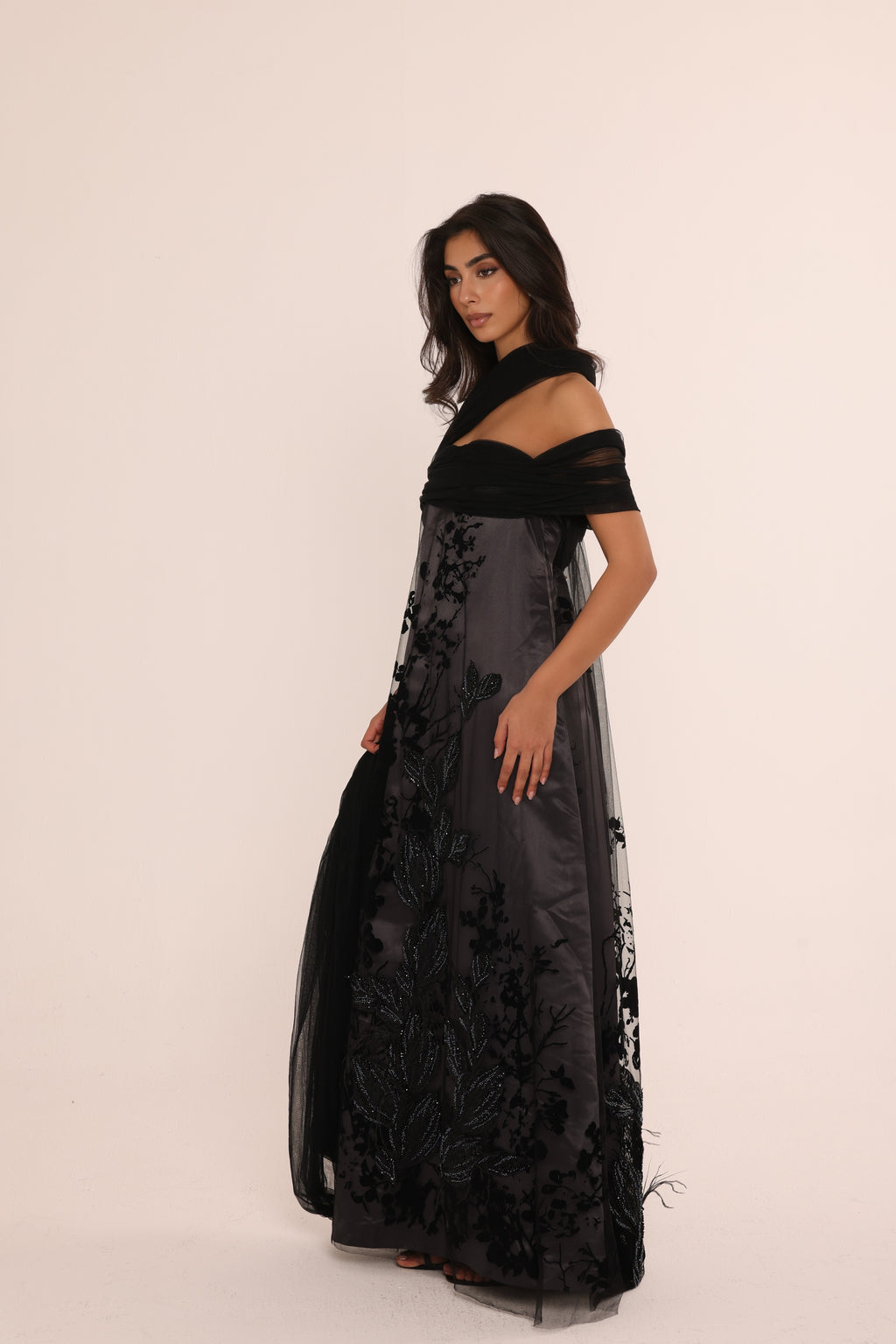 Charcoal Embroidered Tulle Dress