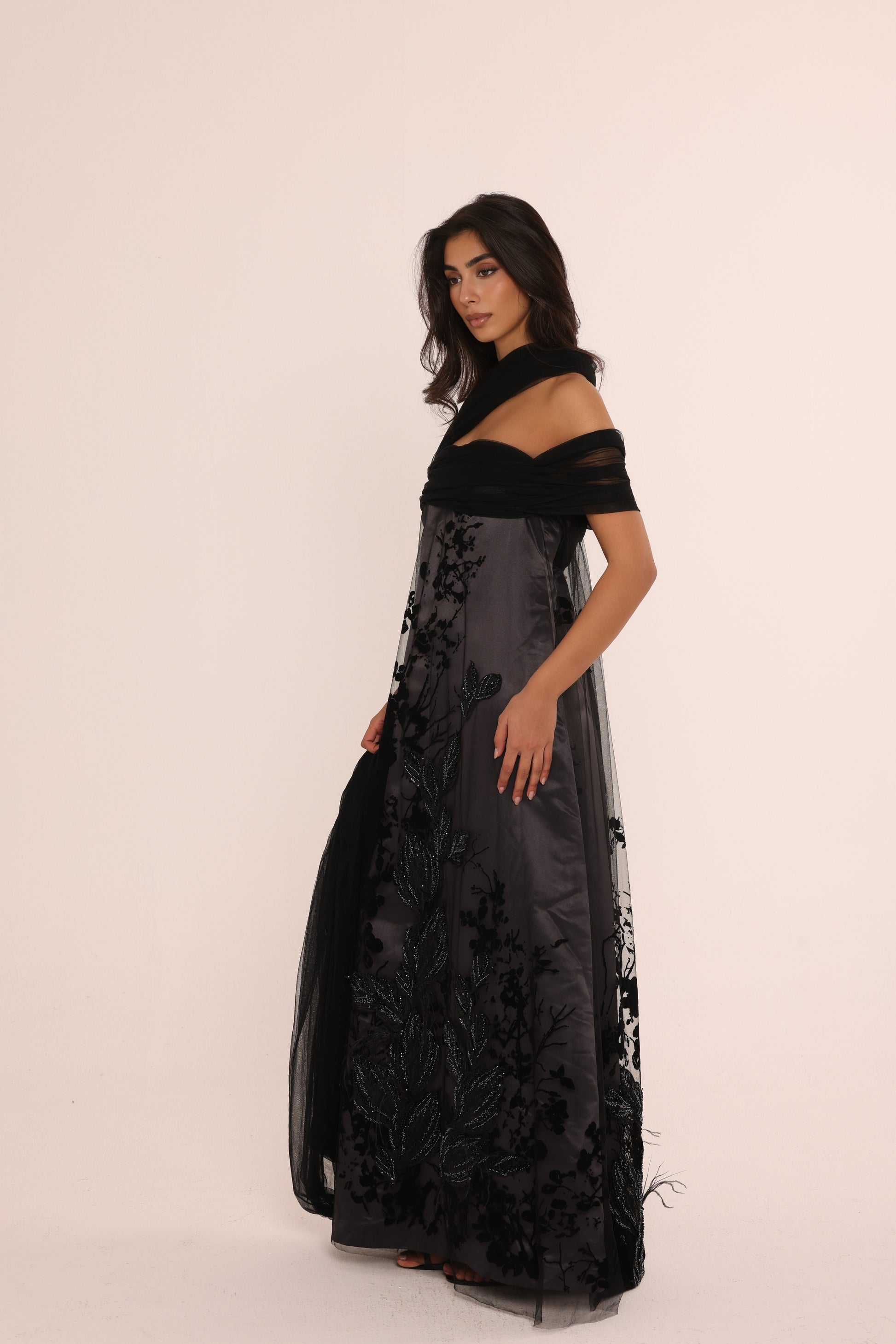 Charcoal Embroidered Tulle Dress