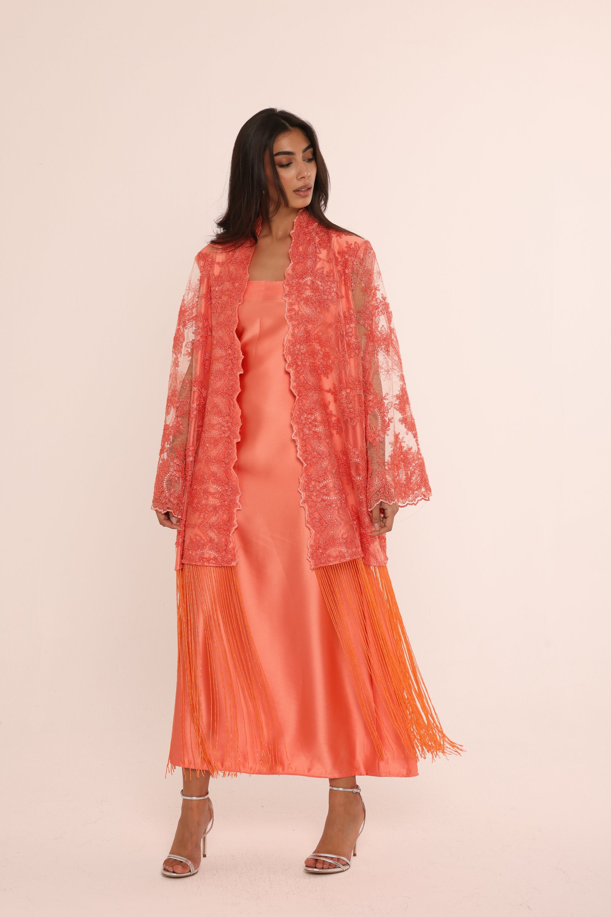 Coral Lace Fringe Abaya & Dress Set