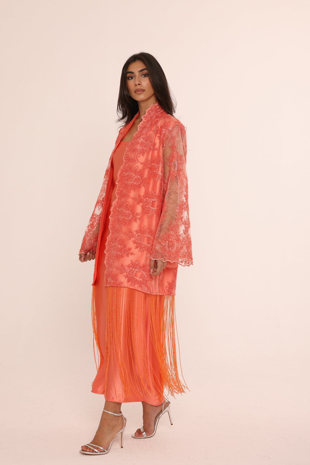 Coral Lace Fringe Abaya & Dress Set