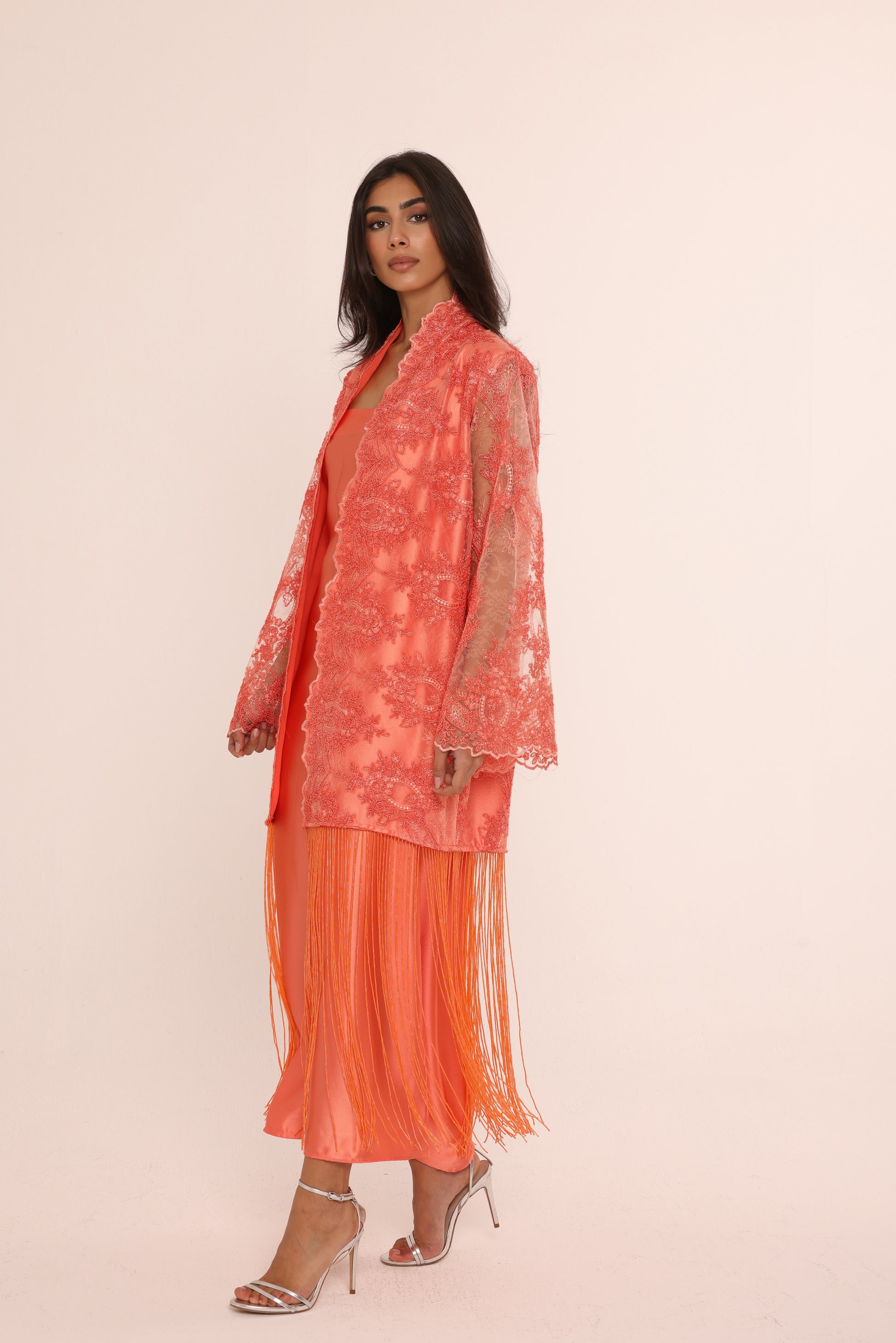 Coral Lace Fringe Abaya & Dress Set