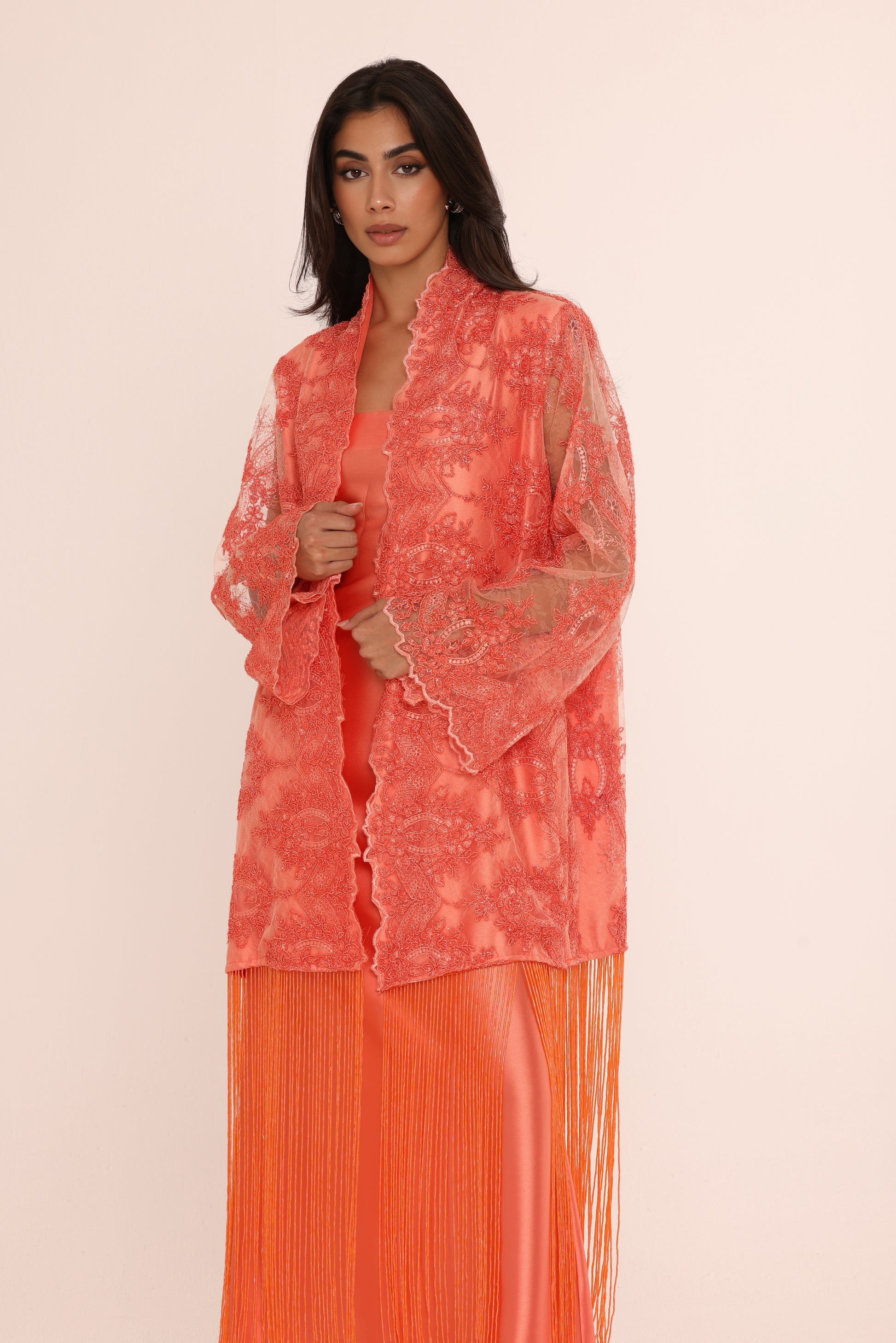 Coral Lace Fringe Abaya & Dress Set