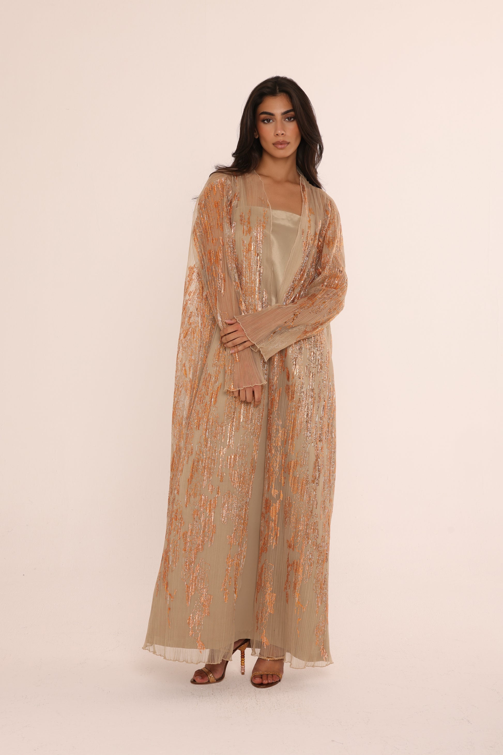 Champagne Metallic Sheer Abaya Set