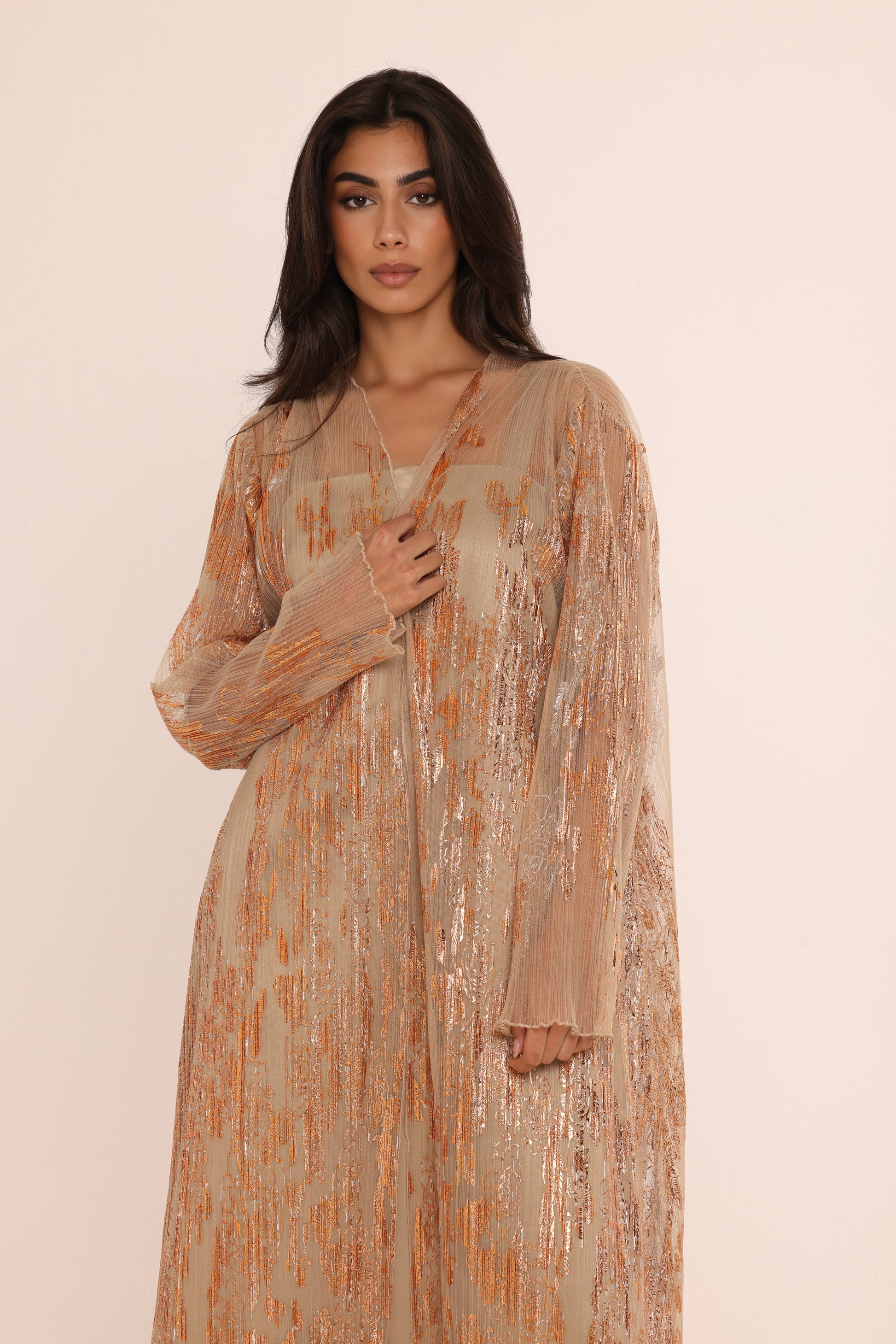 Champagne Metallic Sheer Abaya Set