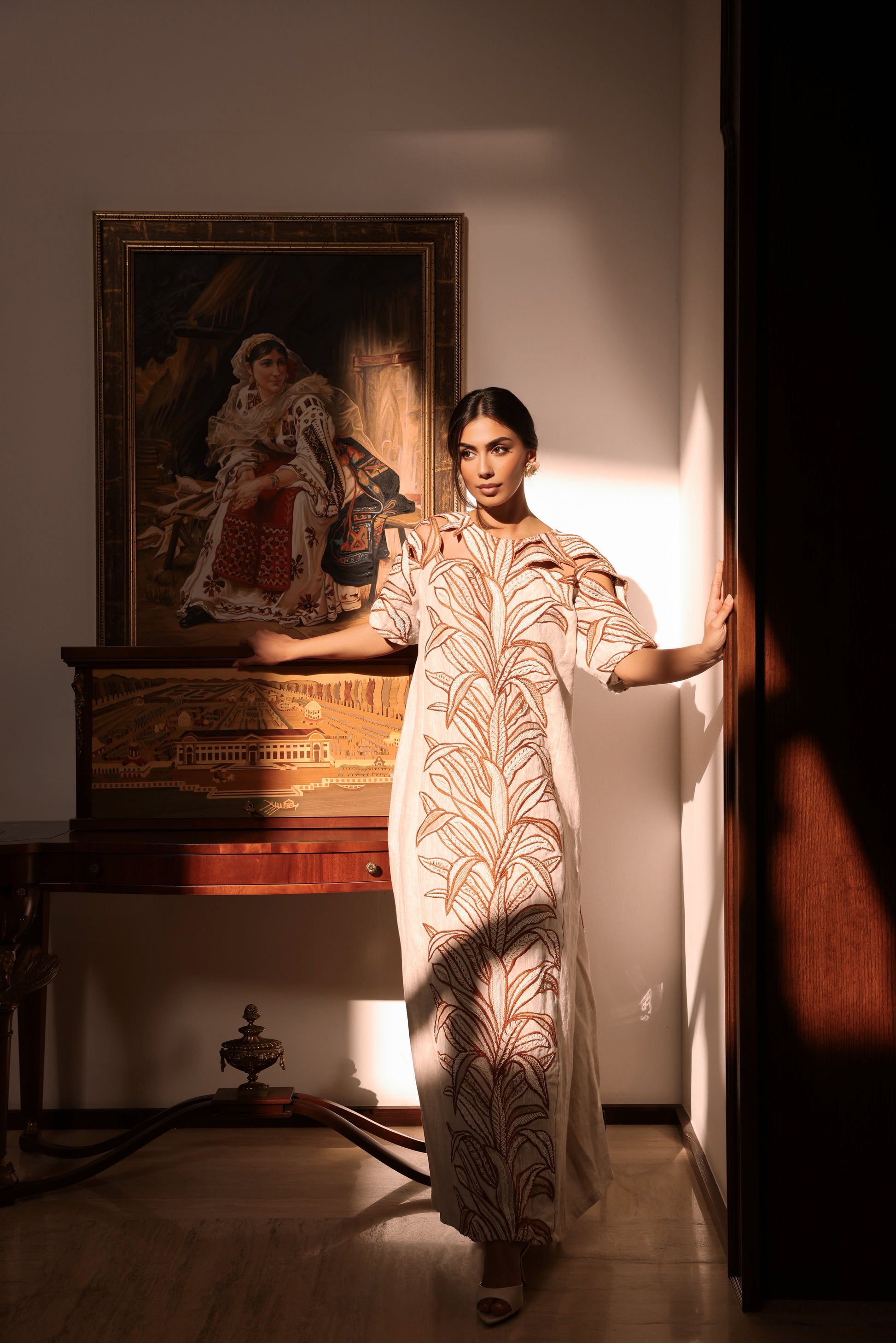 Saffron Embroidered Linen Kaftan