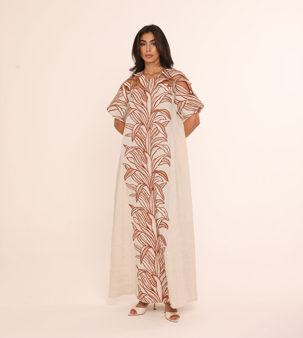 Saffron Embroidered Linen Kaftan