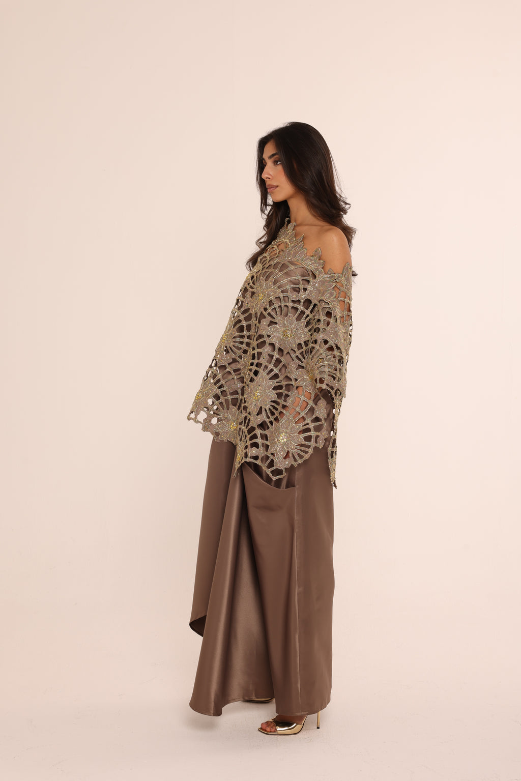 Bronze Embroidered Lace Top & Satin Dress Set