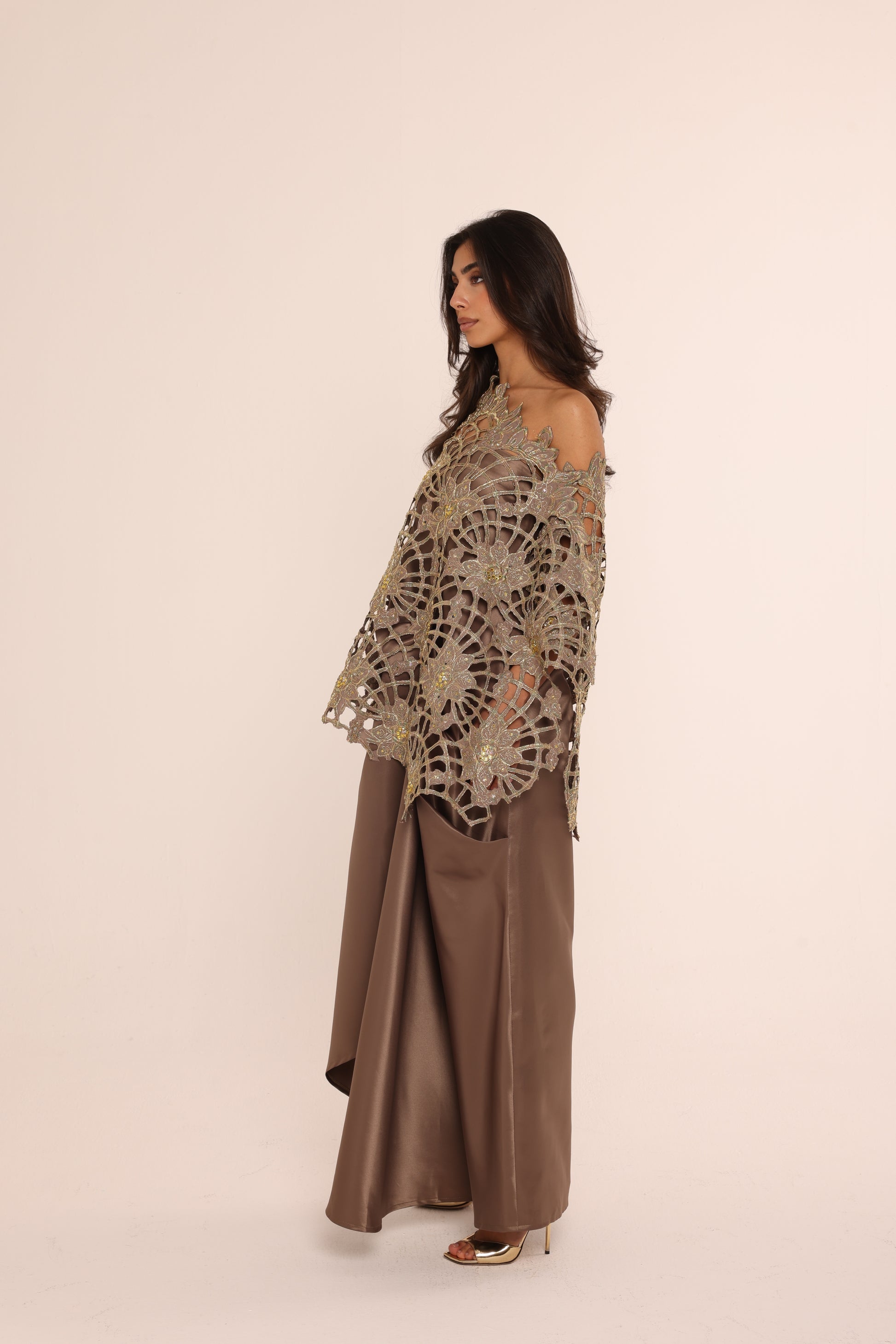 Bronze Embroidered Lace Top & Satin Skirt Set