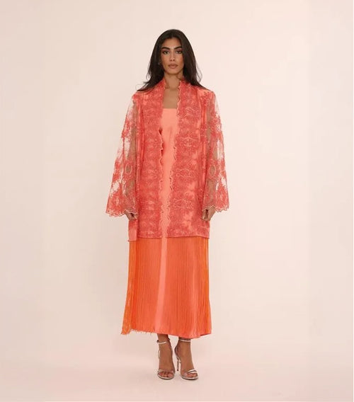 Coral Lace Fringe Abaya & Dress Set
