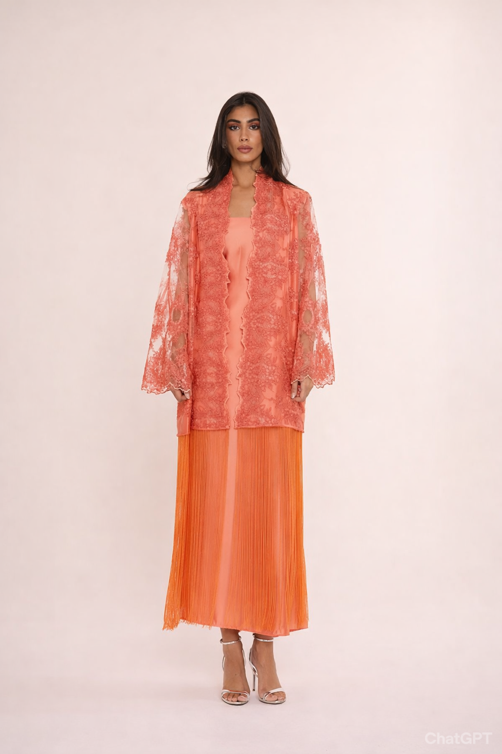 Coral Lace Fringe Abaya & Dress Set